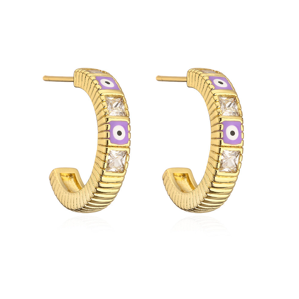 Vintage Geometric Eye-Shaped Copper Earrings with Gold Plating and Enamel Detail for Women