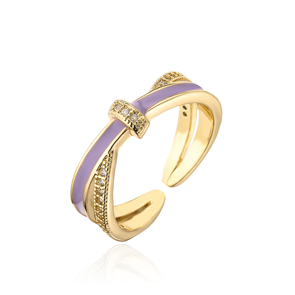Minimalist Geometric Open Ring for Women in Copper with 18K Gold Plating and Enamel Finish, Set with Zircon