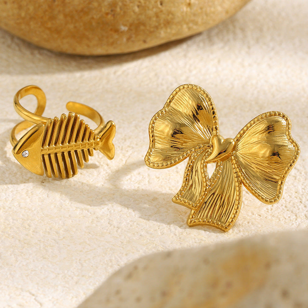 Anello Aperto da Donna Minimalista con Fiocco Geometrico in Acciaio Inossidabile Placcato Oro 18K