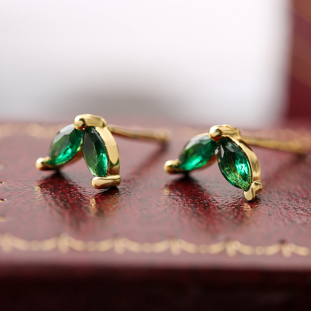 Minimalist 18K Gold Plated Brass Geometric Leaf Stud Earrings with Cubic Zirconia for Women