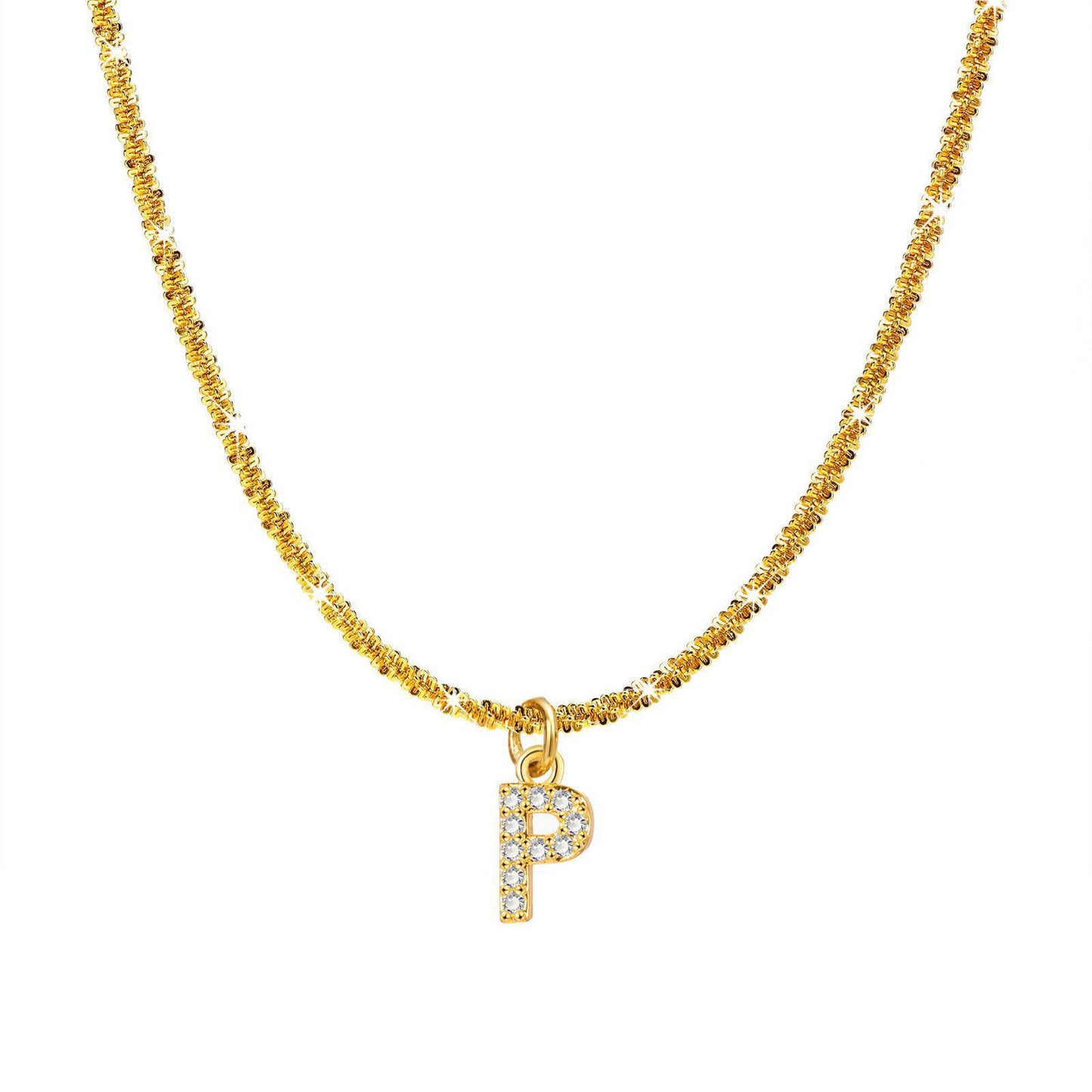 Collana da Donna Minimalista a Forma di Lettera in Acciaio al Titanio con Zirconi Intarsiati e Catena Ondulata