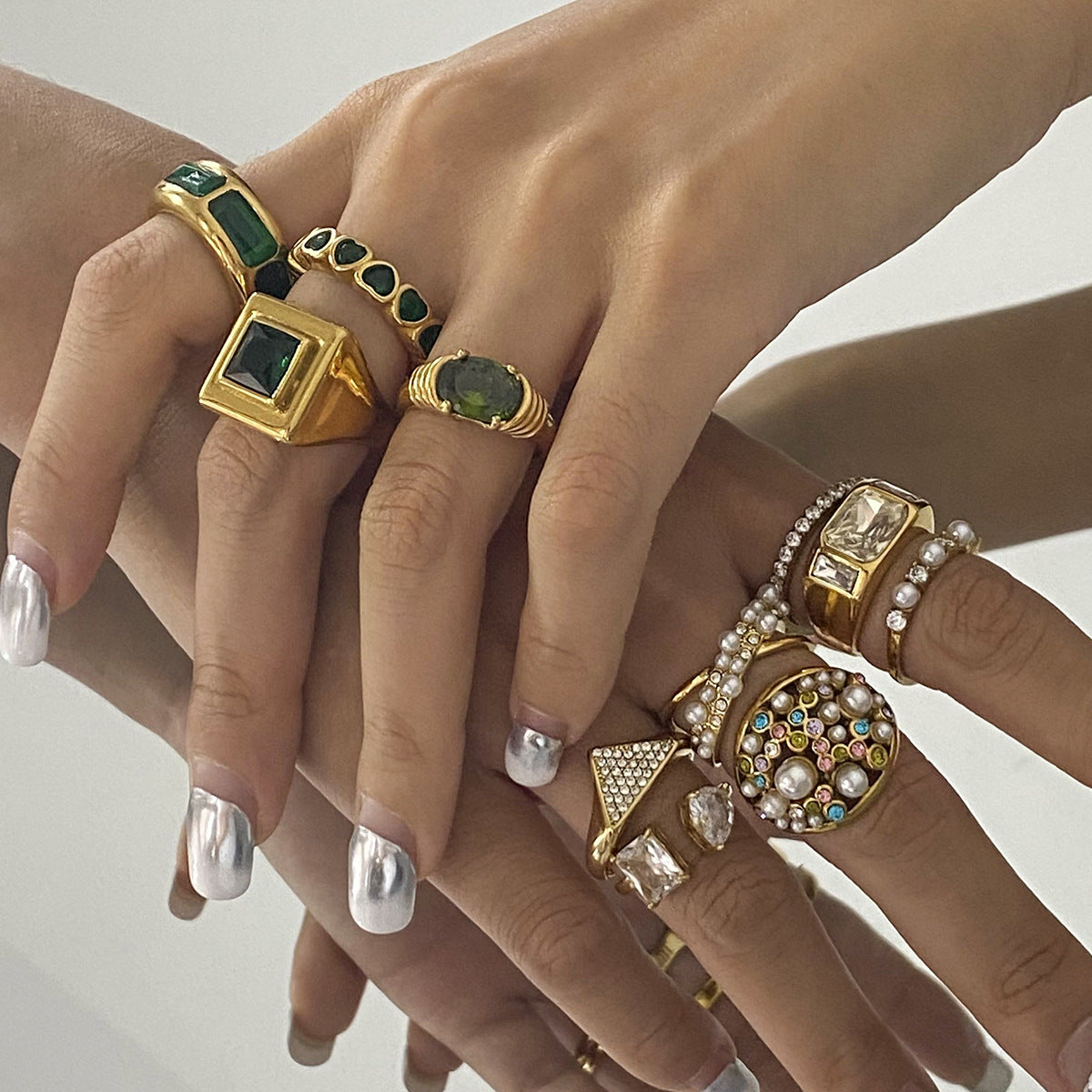 Anillo de acero inoxidable geométrico con circonita y perlas, chapado para mujer, joyería minimalista de moda