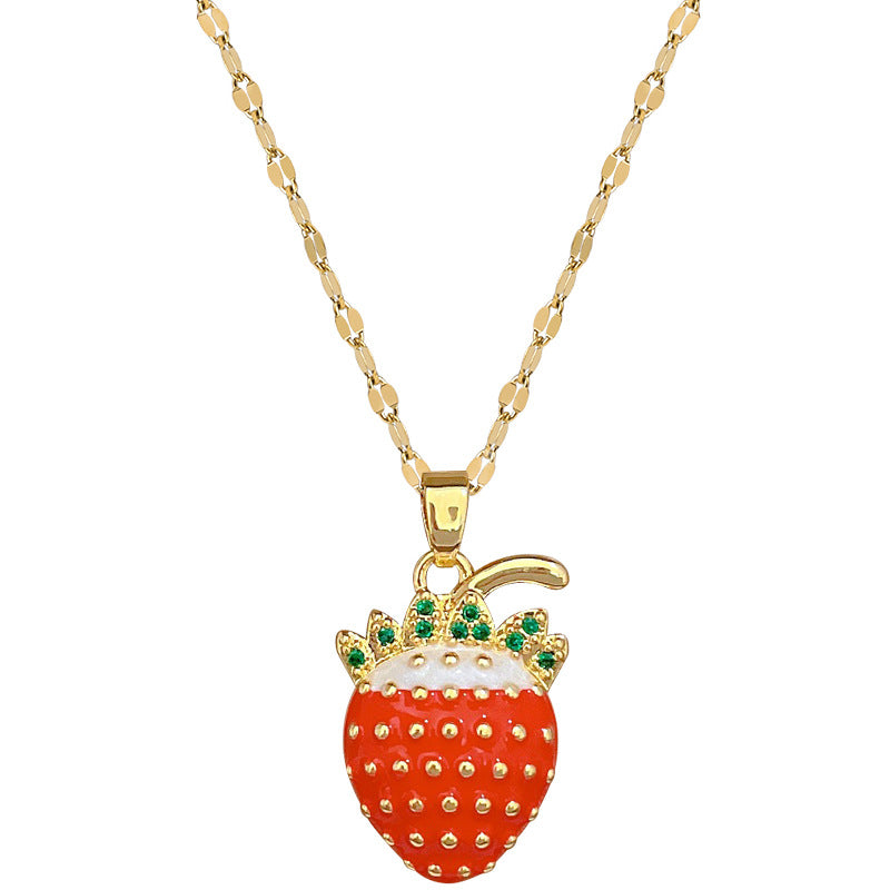 Luxury Sweet Geometric Strawberry Pendant Necklace Titanium Steel Chain Rhinestone Inlay