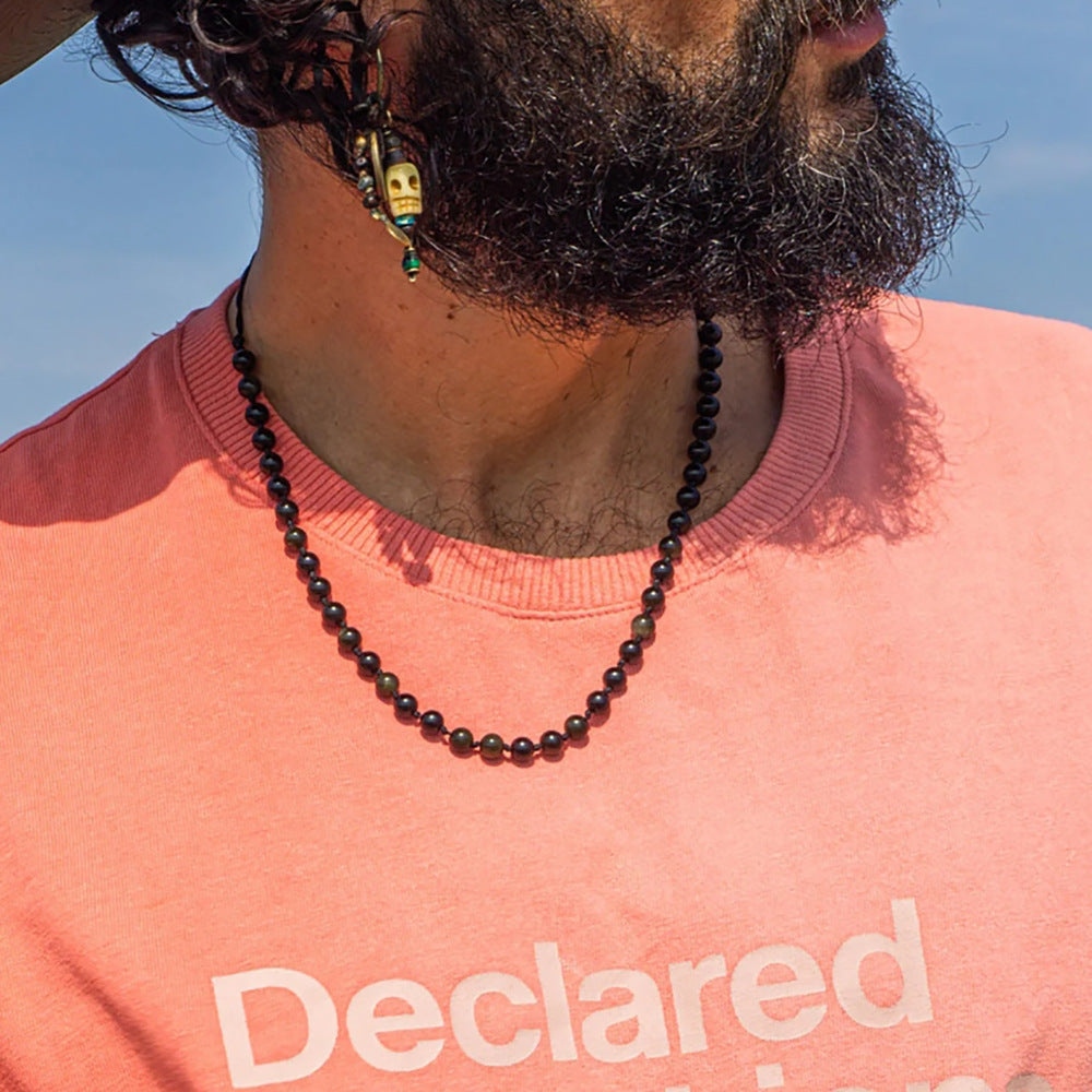 Bohemian Style Adjustable Braided Necklace with Obsidian Pendant Geometric Shape Natural Stone Men Women Unisex Jewelry