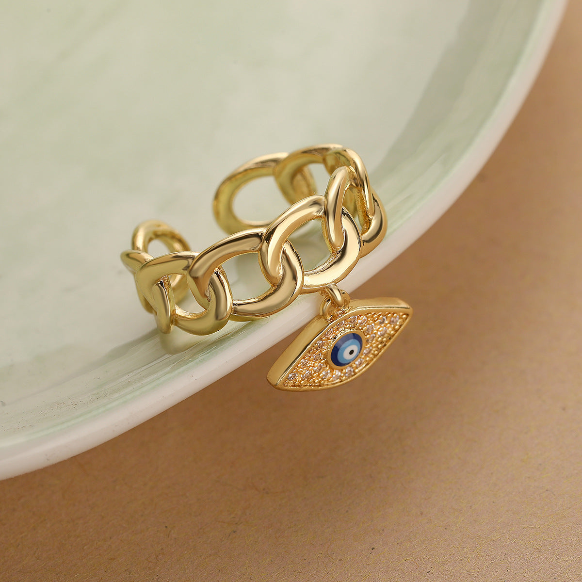 Minimalist Geometric Evil Eye Pendant Ring for Women in Copper with 18K Gold Plating and Micro-Paved Zircon