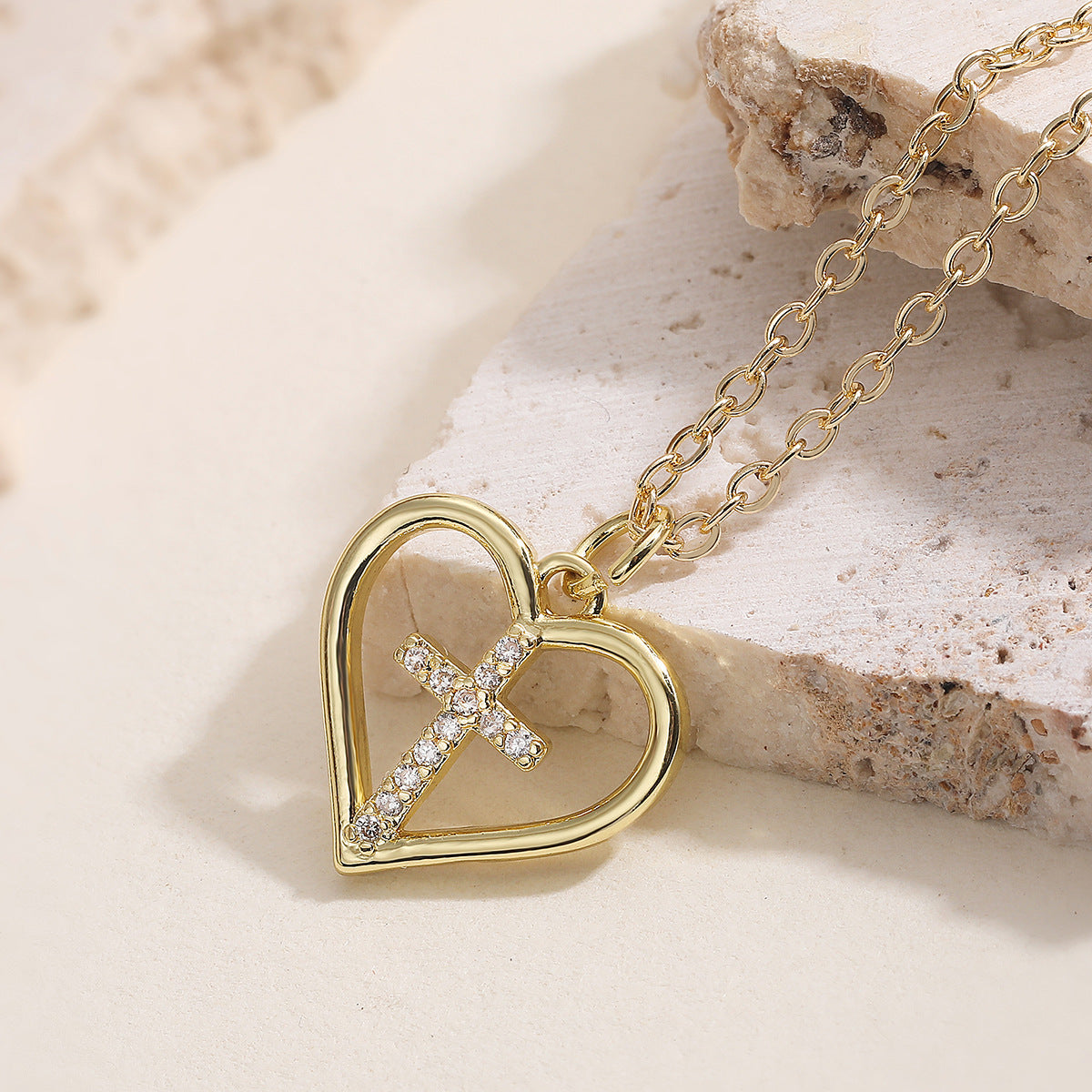 Minimalist 18K Gold Plated Brass Cubic Zirconia Heart Cross Pendant Necklace