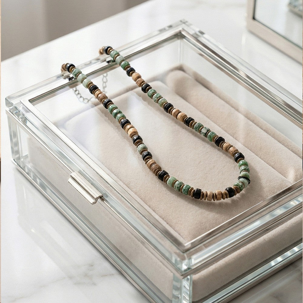 Bohemian Minimalist Geometric Wood and Turquoise Pendant Stainless Steel Ball Chain Necklace for Men and Women