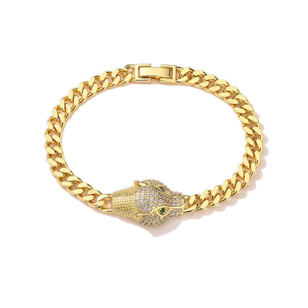 Fashionable Leopard-Shaped Geometric Copper Bracelet with Real Gold Plating and Zircon Accents for Women