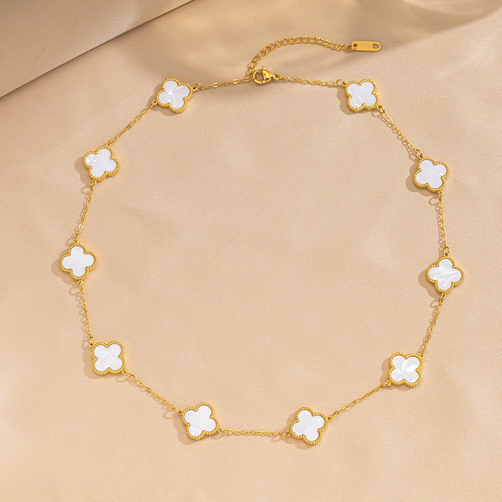 Luxury 18K Gold Plated Titanium Steel Four-Leaf Clover Double-Sided Shell Necklace for Women