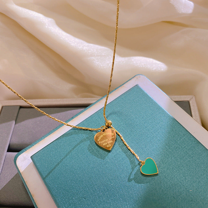 Sweet Gold Plated Titanium Steel Heart Pearl Tassel Necklace Adjustable