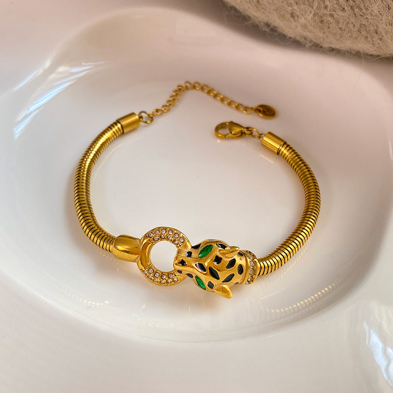 Leopard Print Geometric Animal Titanium Steel Rhinestone Plated Bracelet