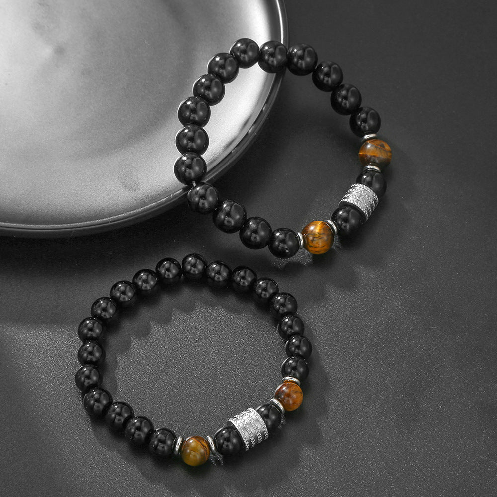 Geometric Round Stainless Steel Black Agate Obsidian Beaded Bracelet