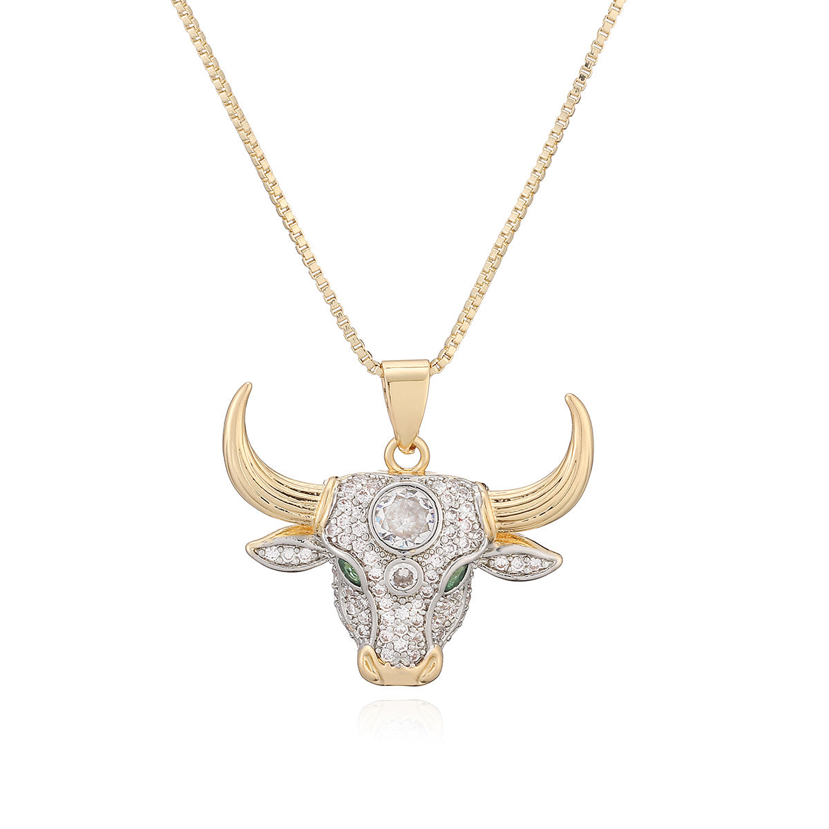Minimalist Hip-hop Two-Tone Plated Geometric Bull Head Pendant with Cubic Zirconia Brass Necklace for Women