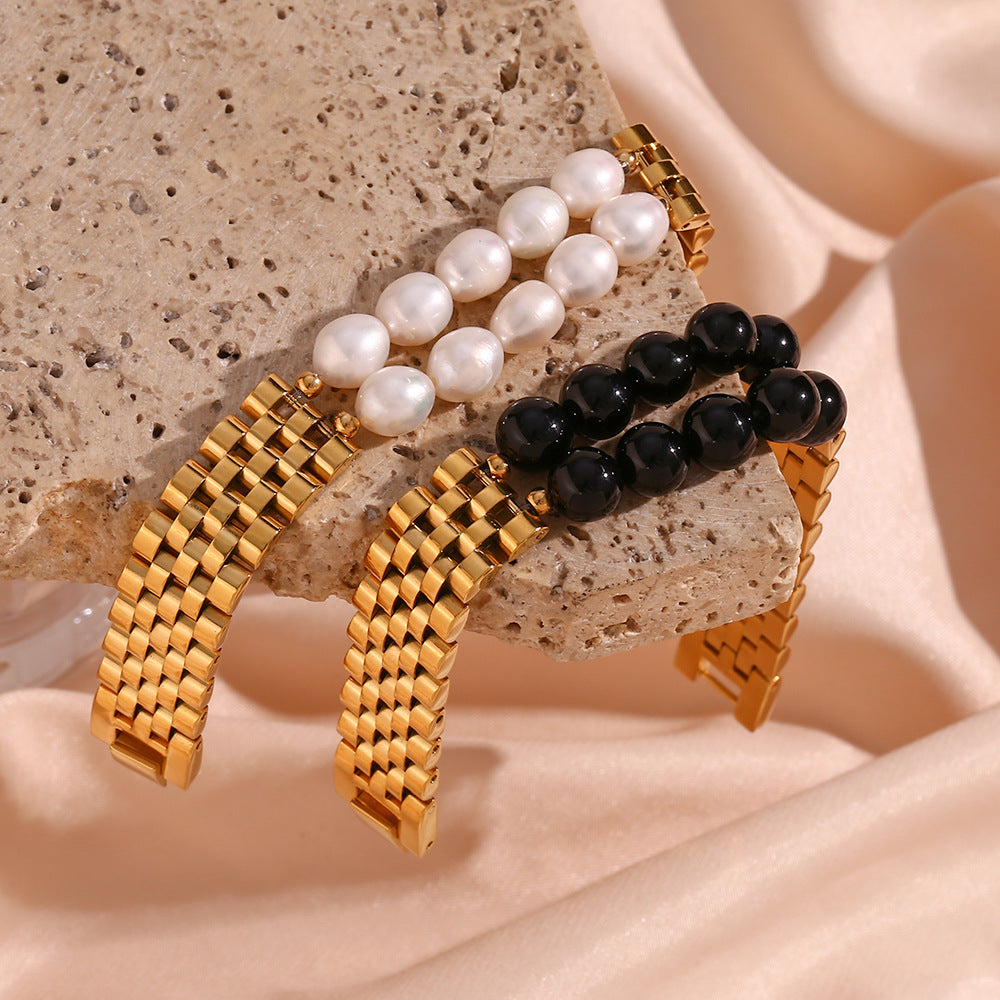 Minimalist Geometric Stainless Steel Plated Bracelet with Natural Stone Inlay for Women