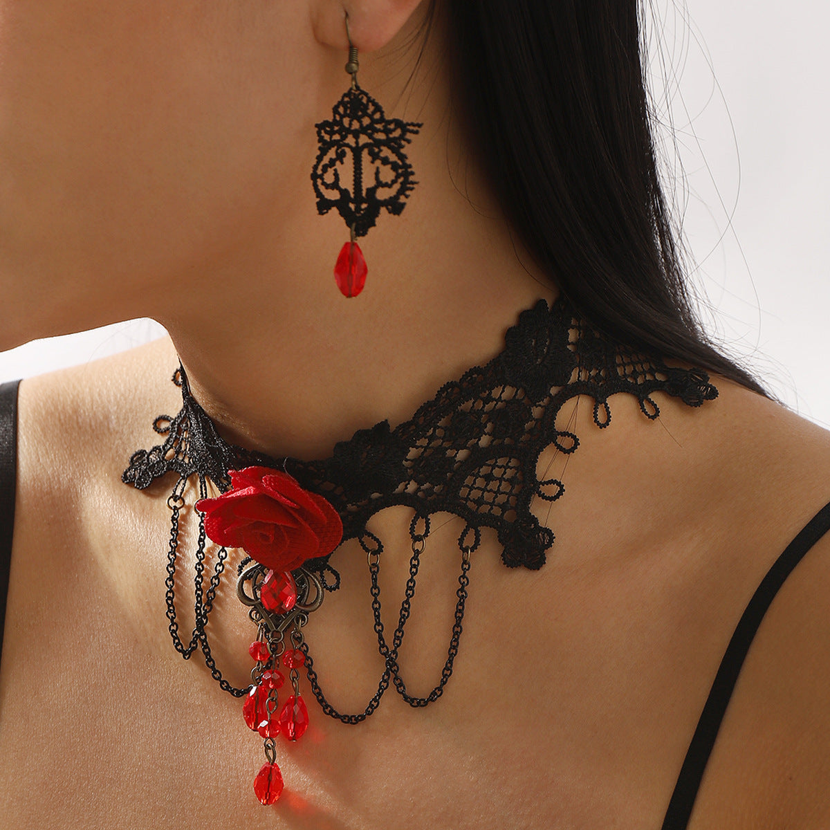 Set di collana e orecchini floreali in pizzo di rosa, dolci e grintosi, con dettagli in strass, per donna