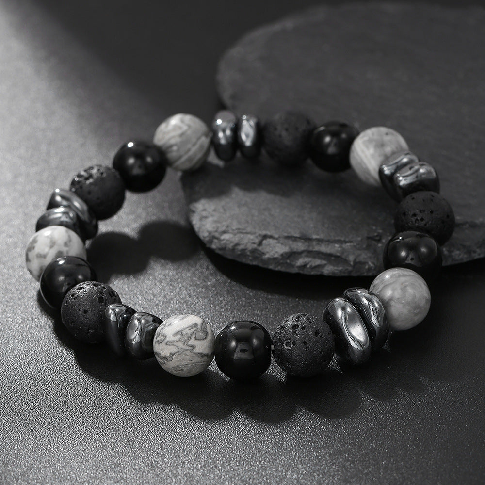Cool Geometric Handmade Hematite Volcanic Stone Tiger Eye Bracelet 10mm Round Beads Unisex Jewelry