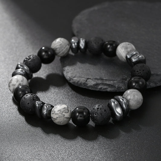 Cool Geometric Handmade Hematite Volcanic Stone Tiger Eye Bracelet 10mm Round Beads Unisex Jewelry