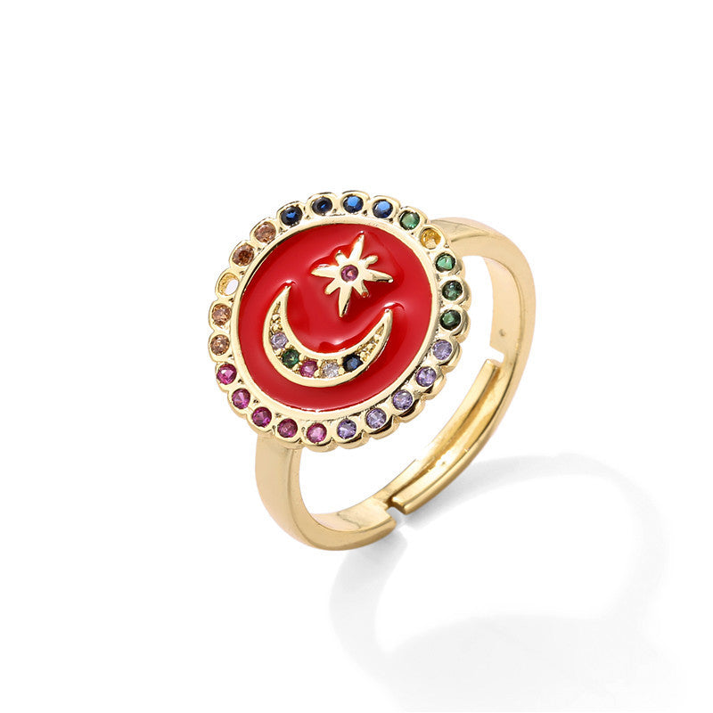 Minimalist 18K Gold Plated Drip Oil Moon Star Geometric Brass Ring with Cubic Zirconia Inlay