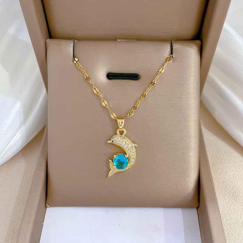 Vintage Minimalist Dolphin Pendant Necklace in Titanium Steel with Rhinestone Accents for Women