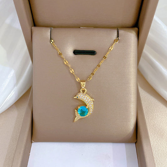 Vintage Minimalist Dolphin Pendant Necklace in Titanium Steel with Rhinestone Accents for Women
