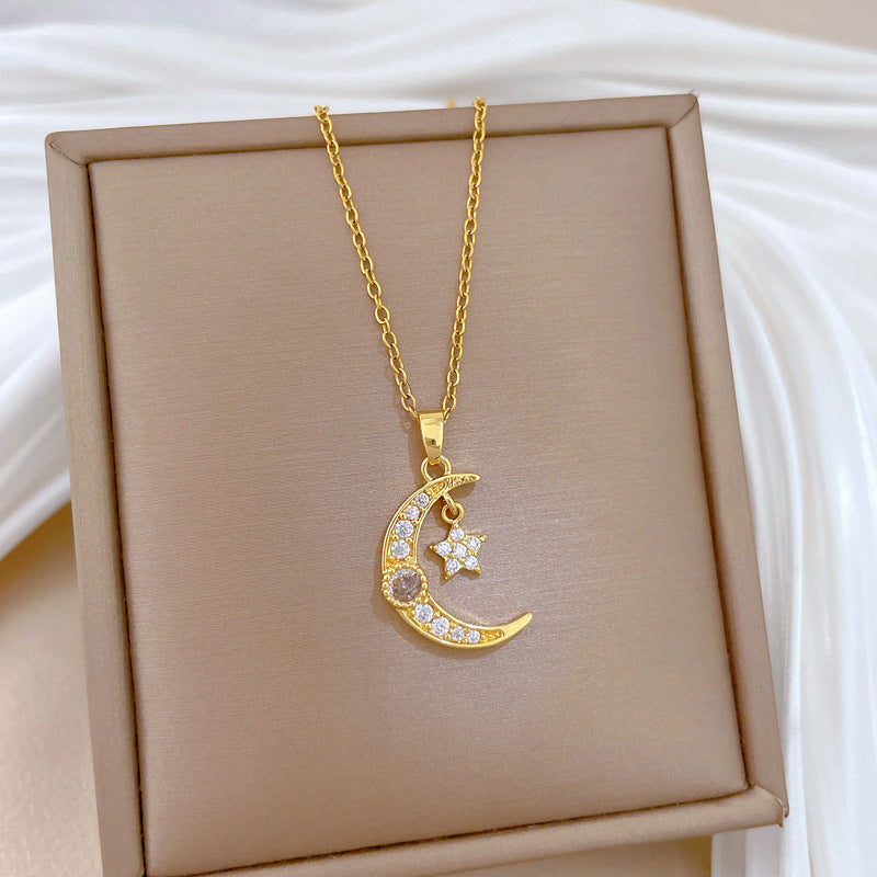 Sweet Star Moon Geometric Cubic Zirconia Titanium Steel Necklace for Unisex