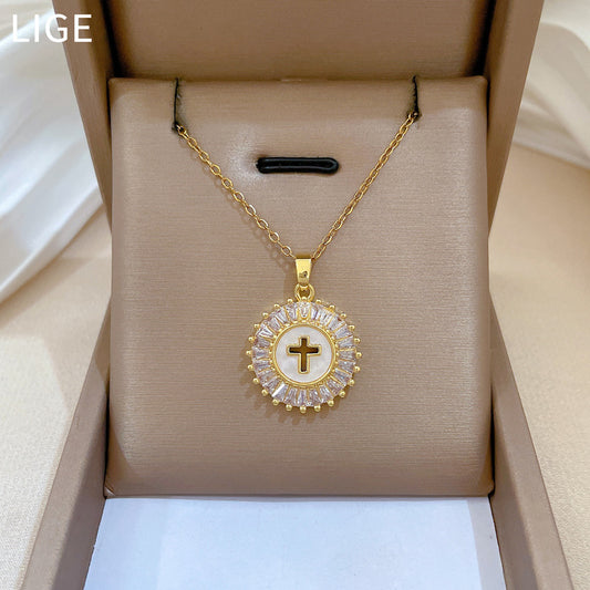 Collar con Colgante de Cruz Redonda Minimalista para Mujer Cadena de Acero Inoxidable con Incrustaciones de Diamantes de Imitación y Motivo de Luna Natural