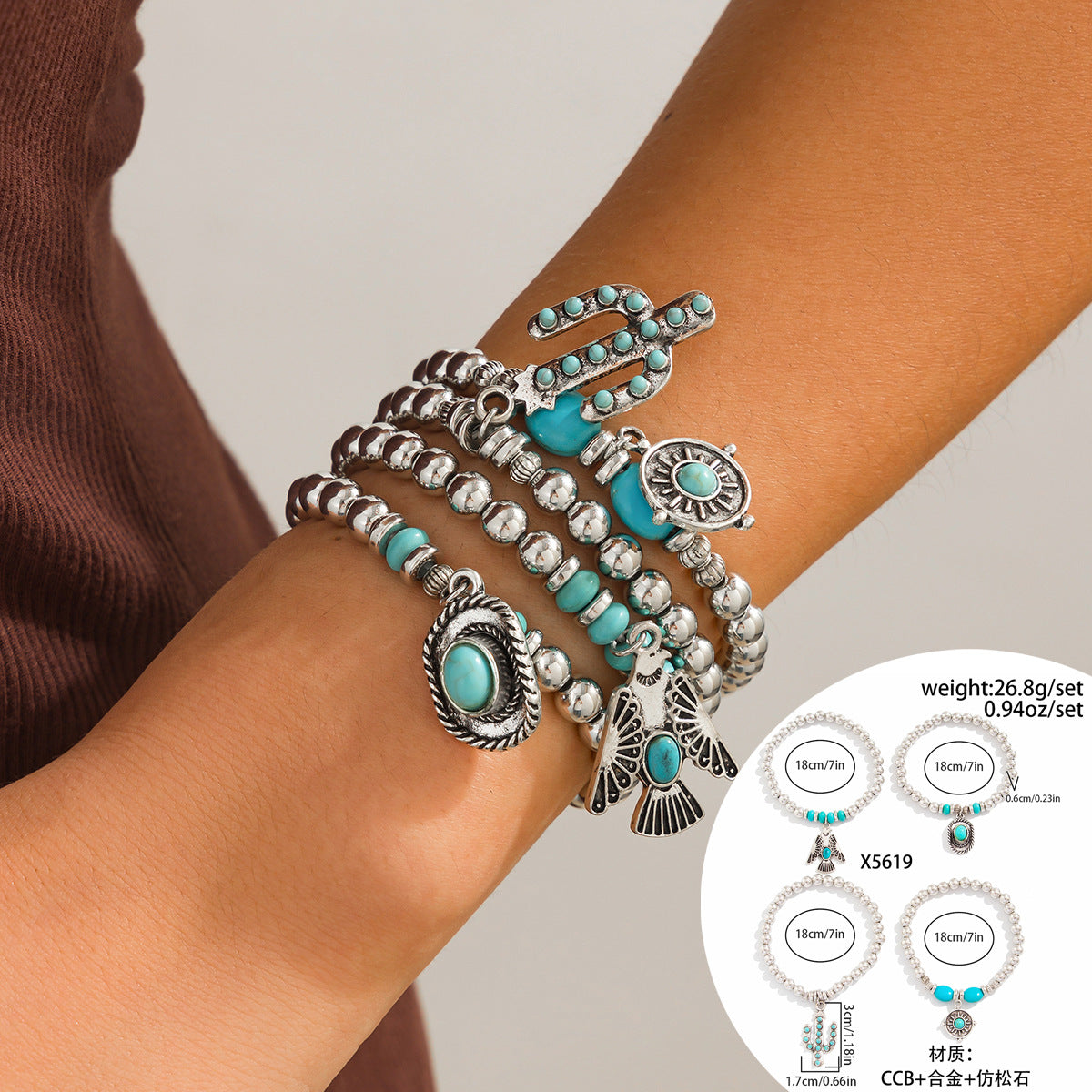 Ethnic Vintage Style Adjustable Beaded Bracelet with Turquoise Beads and Ox Charm in Alloy with Plated Finish