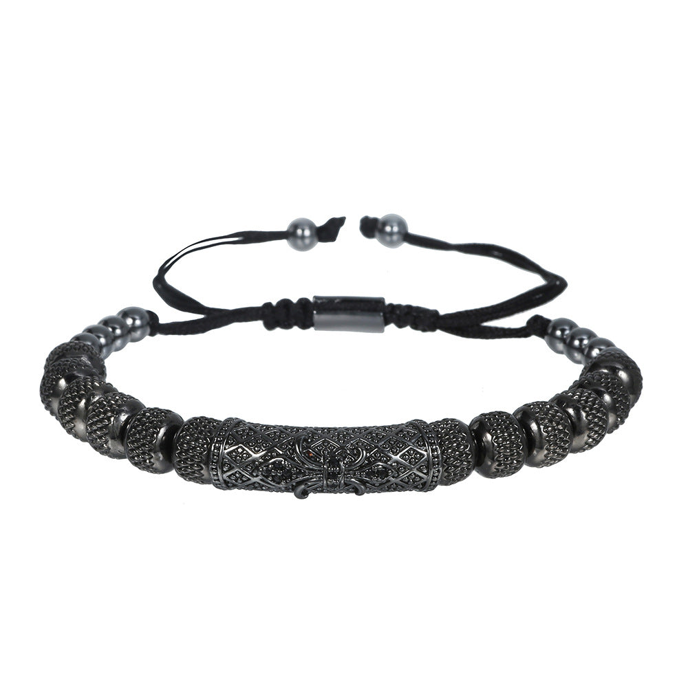 Vintage Adjustable Stainless Steel Geometric Round Bead Cubic Zirconia Curved Tube Bracelet for Men and Women