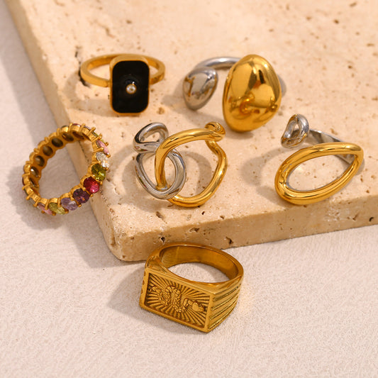 Anillo minimalista geométrico bicolor de acero inoxidable con baño de oro de 18 quilates para mujer