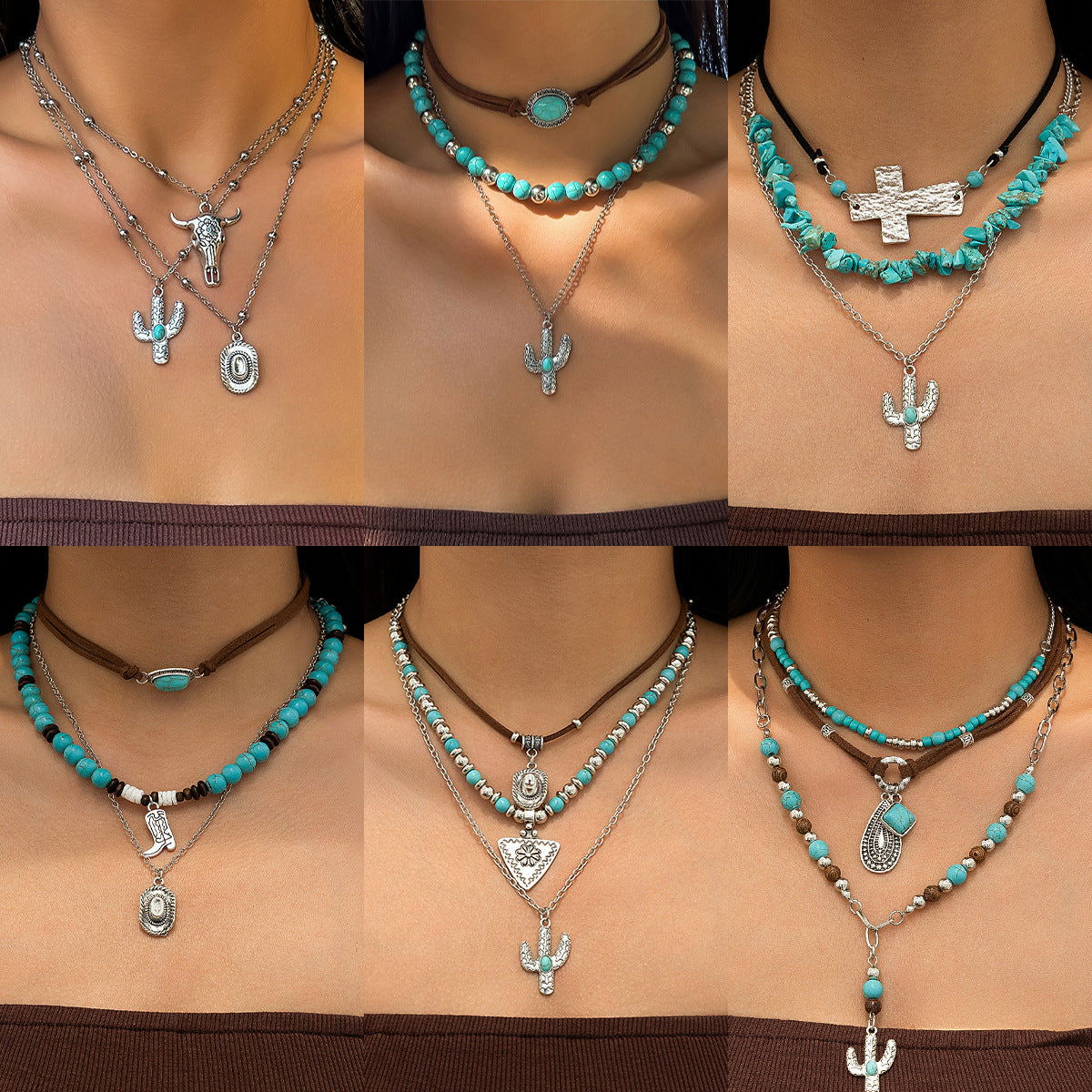 Set di collana con pendente geometrico vintage in lega di zinco con nappe e catena di perline da donna