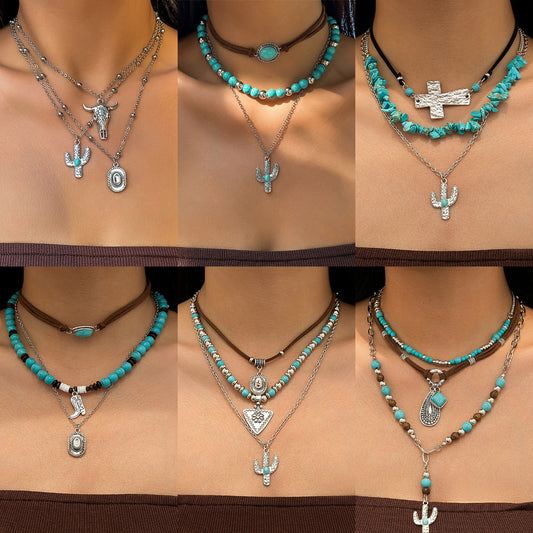 Set di collana con pendente geometrico vintage in lega di zinco con nappe e catena di perline da donna