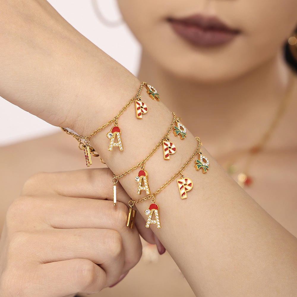 Juego de Collar Navideño de Lujo con Diseño de Rueda de la Fortuna, Esmalte e Incrustaciones de Zirconia, Colgante y Pulsera de Acero Inoxidable para Mujer