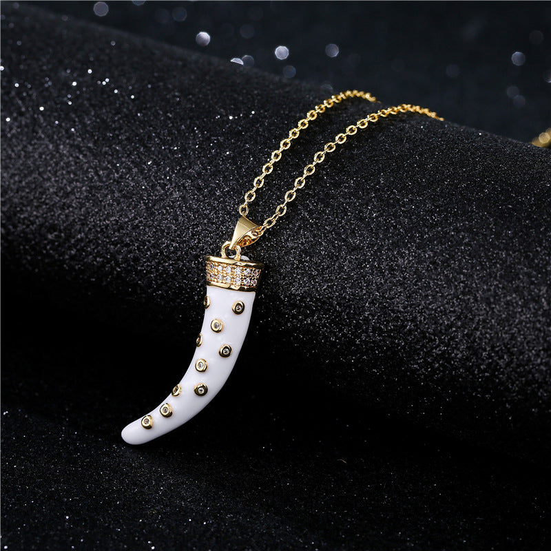 Minimalist Geometric Horn Pendant Necklace for Women in Copper with Enamel Finish and Cubic Zirconia Inlay on O-Chain