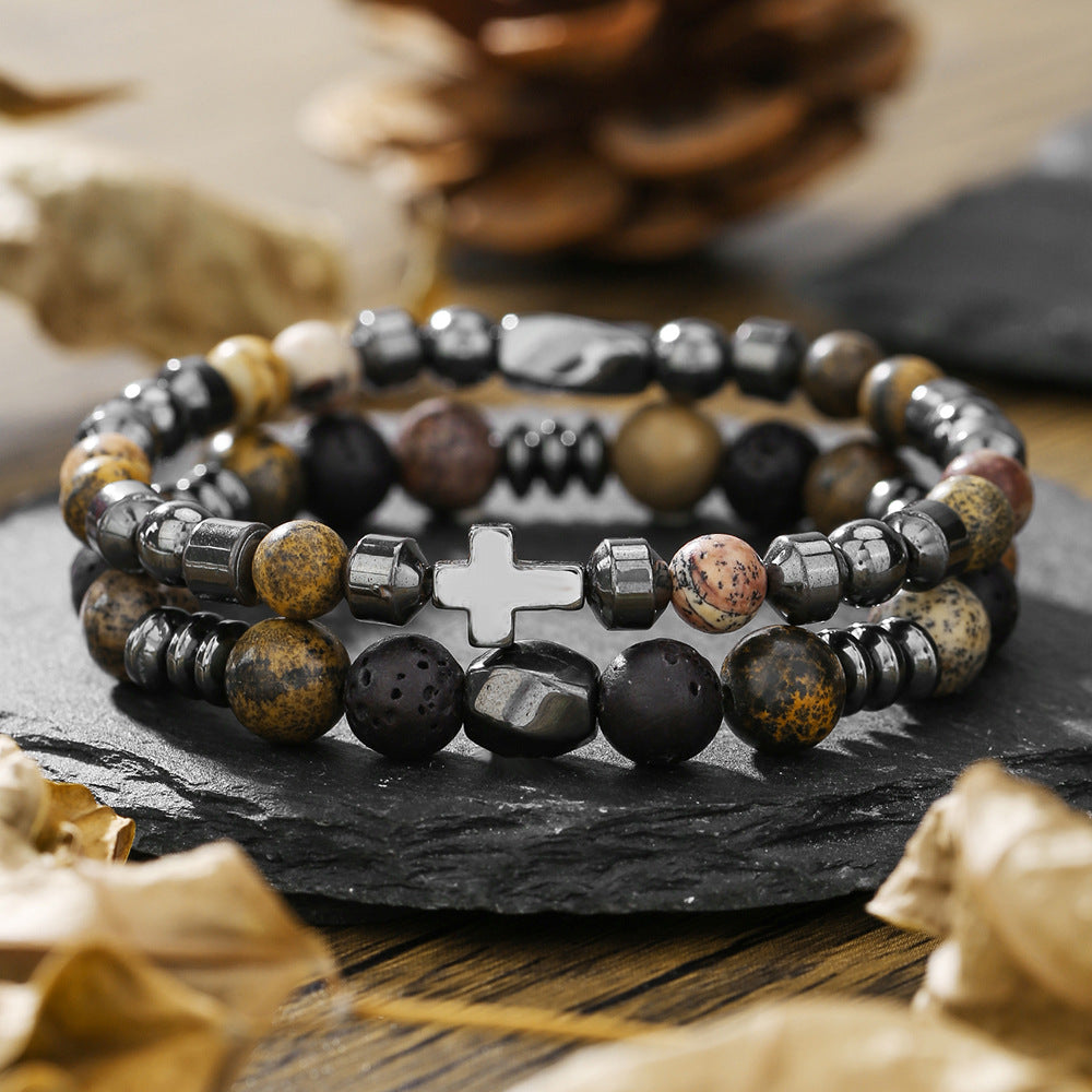 Bracciale elasticizzato con perline geometriche esagonali in ossidiana nera e occhio di tigre, da uomo e unisex, accessorio casual da lavoro e alla moda