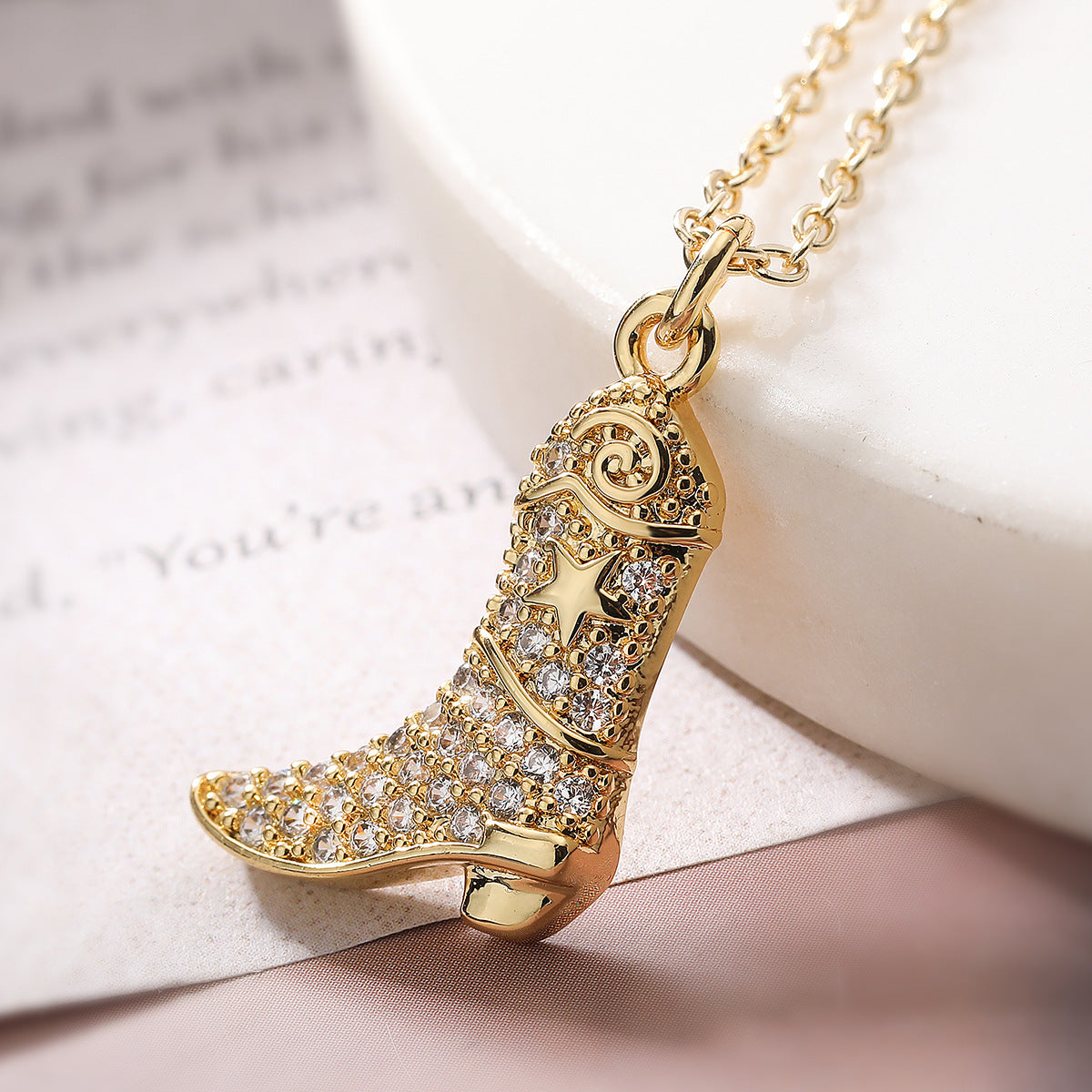 Vintage Minimalist Geometric Brass Gold Plated Cubic Zirconia Boot Pendant Necklace