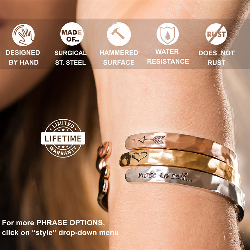 Minimalist Stainless Steel Engraved Open Moon Surface Textured Hammered Bracelet