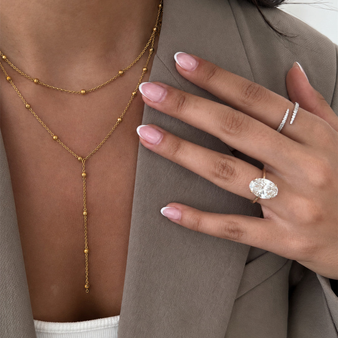 Minimalist 18K Gold Plated Stainless Steel Geometric Round Bead Tassel Y-Shape Necklace for Women