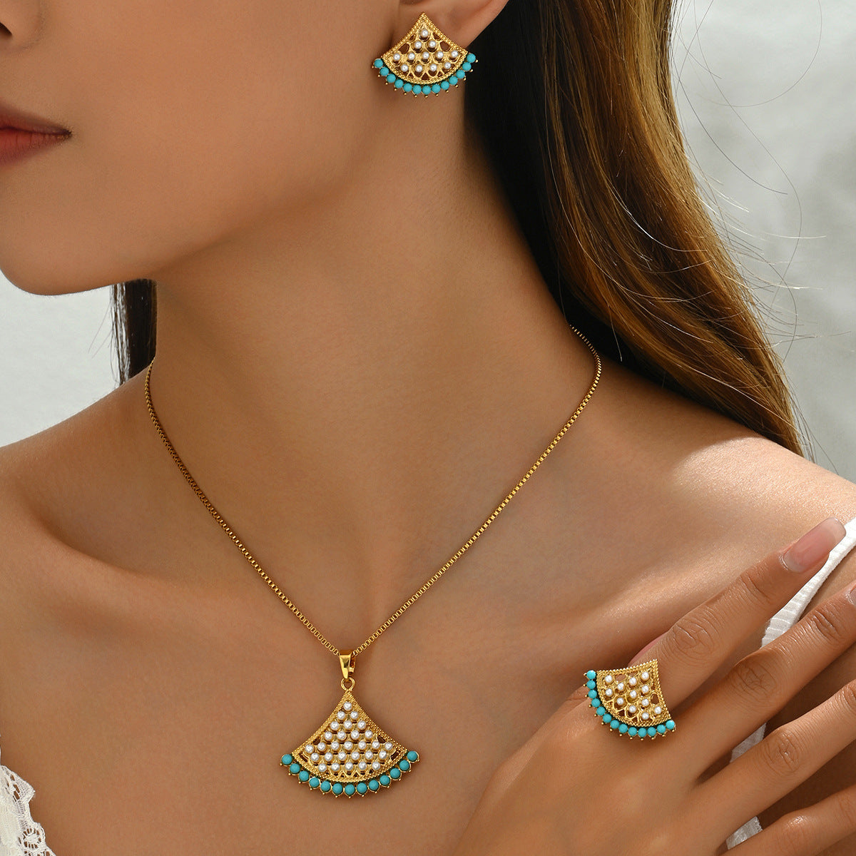 Fashion OL Fan Shape Alloy Jewelry Set with Pearl Inlay for Women