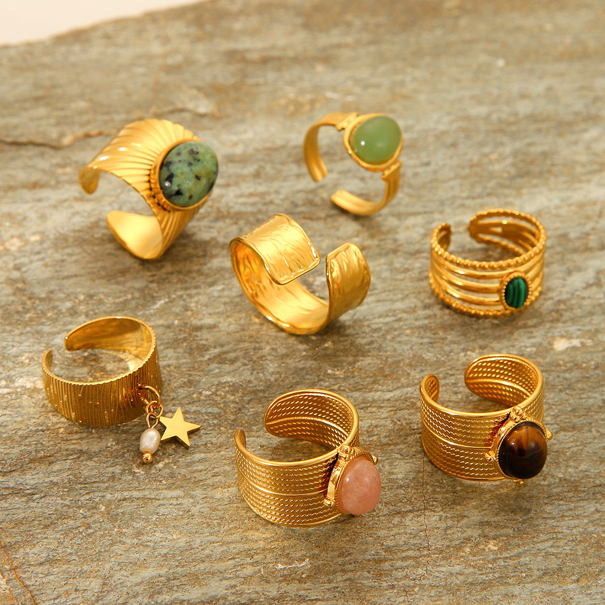 Vintage French Style Geometric Open Ring for Women Stainless Steel Ring with Plated Finish Natural Stone Accent