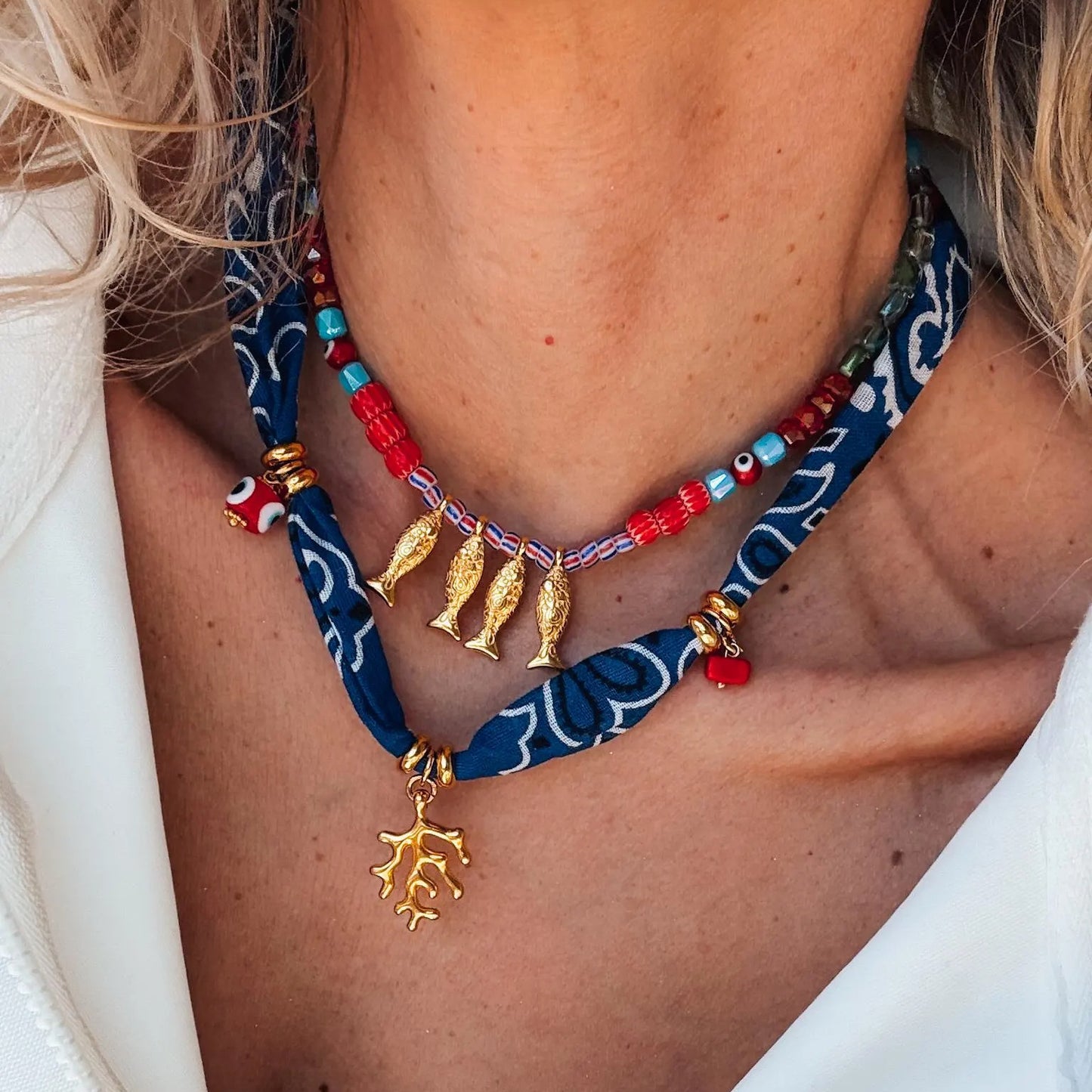 Dopamine Colorful Coral Fish Beaded Necklace for Women, Geometric Style Copper Pendant with Stainless Steel Charm, Electroplated Finish, Elegant Sweater Chain