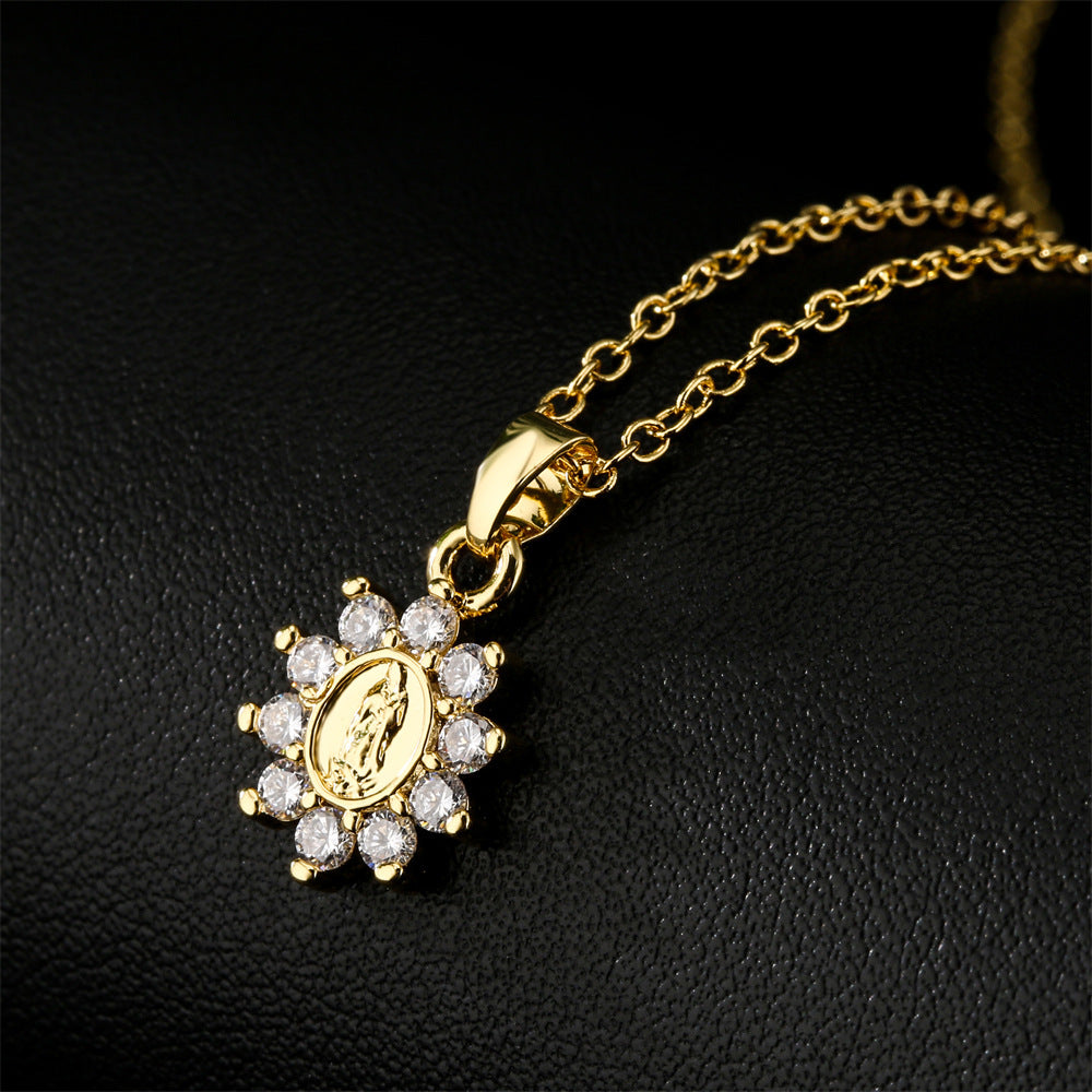 Religious Geometric Brass Micro-Inlaid Cubic Zirconia Virgin Mary Pendant Necklace with Cable Chain