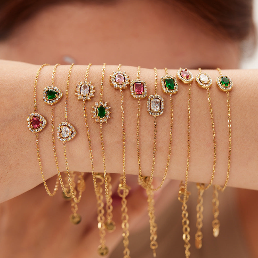 Bracciale da Donna Minimalista Geometrico a Forma di Girasole in Acciaio Inossidabile con Ciondolo a Cuore e Intarsio di Zirconi