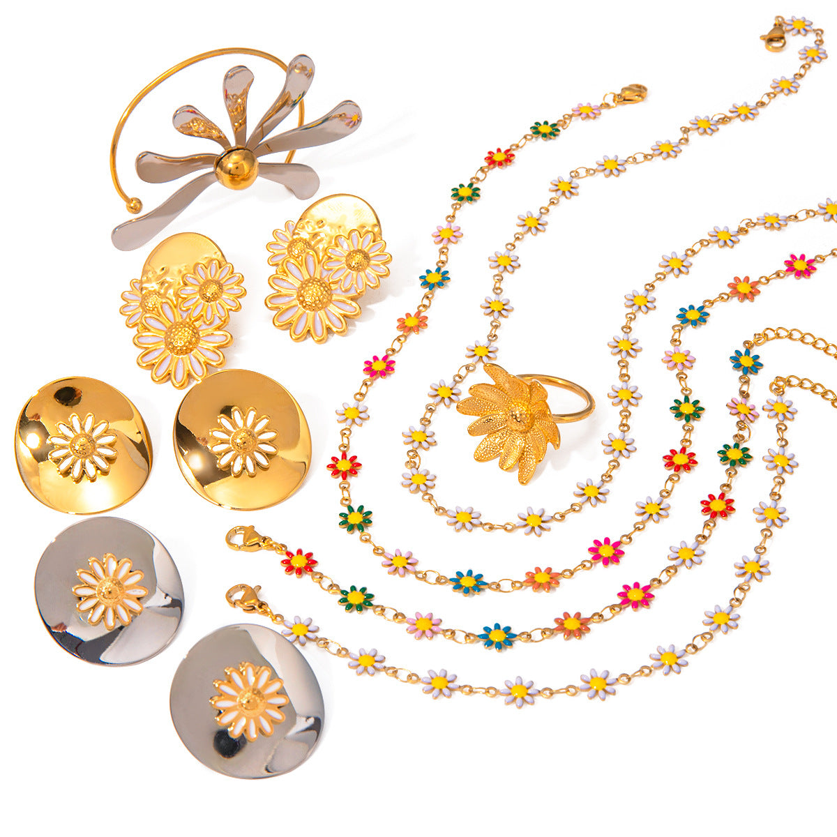 18K Gold Plated Stainless Steel Floral Daisy Necklace for Women