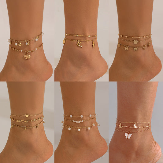 Tobillera Bohemio de Aleación con Estrellas y Mariposas, Perla Simulada y Dijes de Delfín de Concha, Joyería de Pie Estilo Playero para Mujer