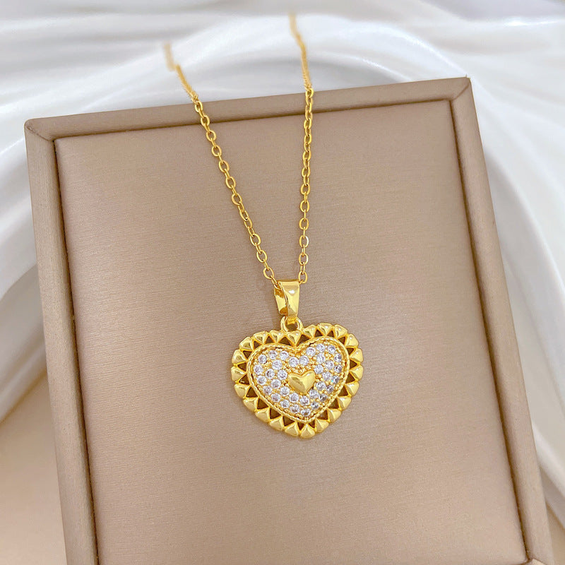 Sweet Minimalist Heart Geometric Rhinestone Titanium Steel Necklace for Unisex
