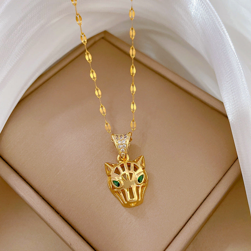 Collar con colgante de leopardo geométrico de lujo en cadena de acero de titanio para mujer