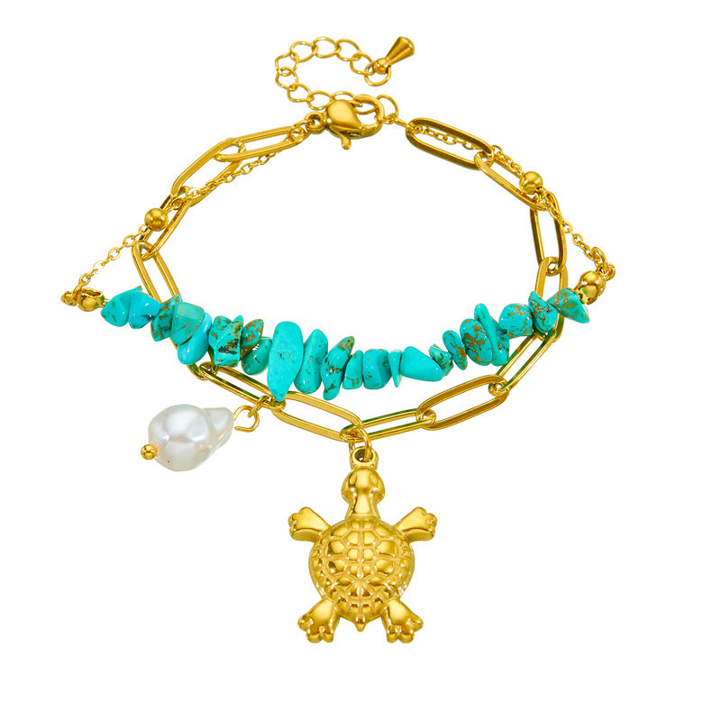 Pulsera de doble capa de acero inoxidable chapado con perlas de tortuga turquesas individualistas