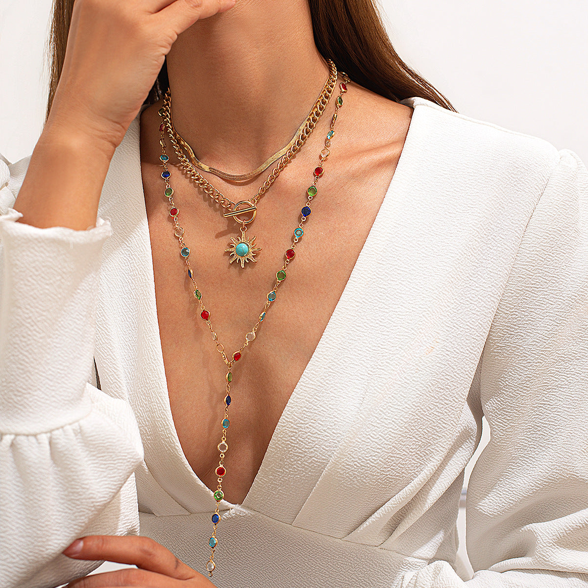 Set di collane con pendente geometrico minimalista con nappe di cristallo e ciondolo in lega placcata su catena a maglia snake per donna