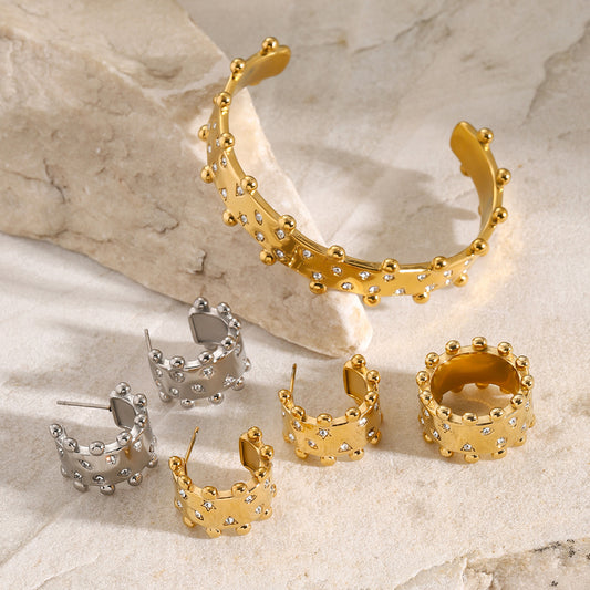 Bracciale ad anello a C in acciaio inossidabile placcato oro 18 carati stile Ins con strass a stella, cerchio e triangolo e bordo con perline in acciaio