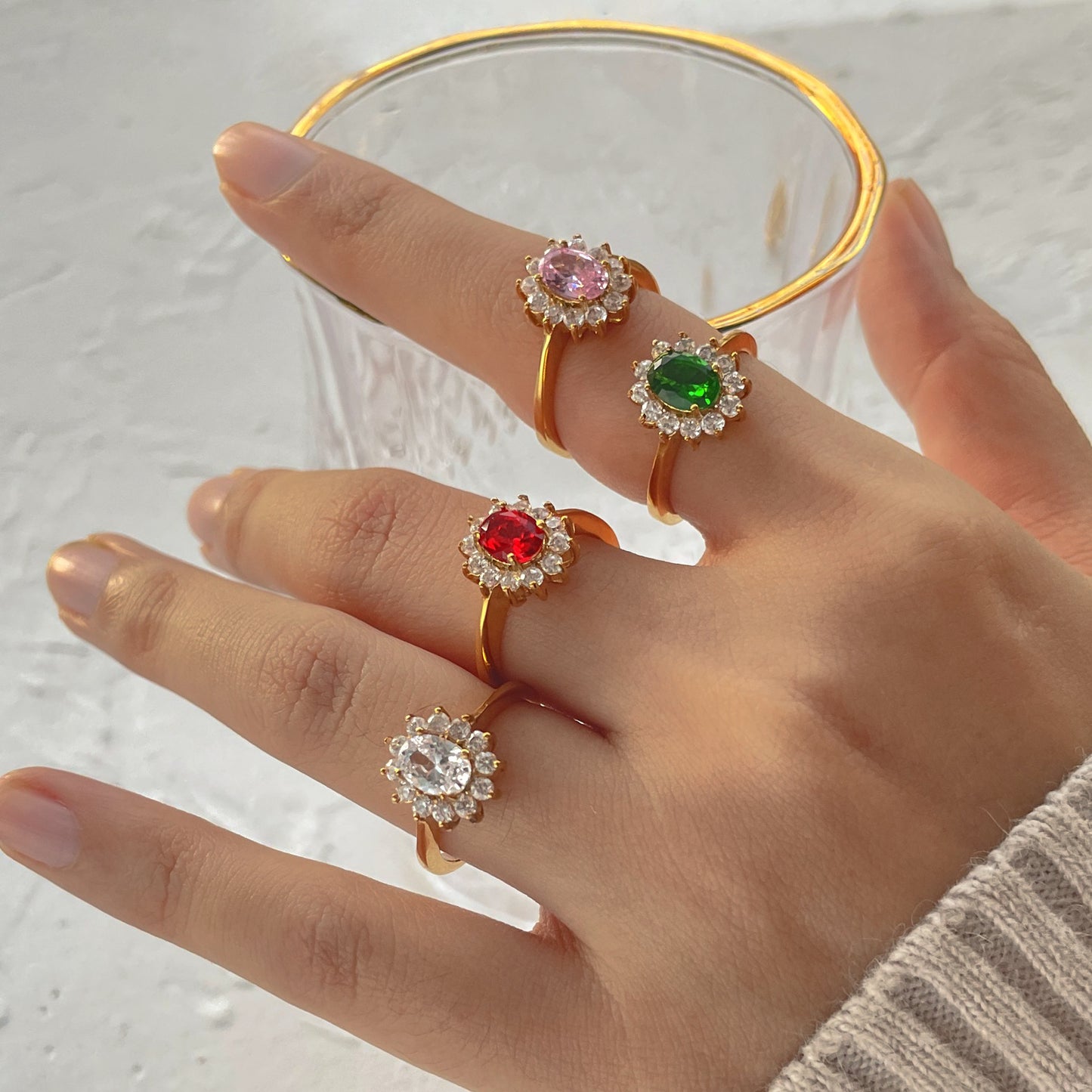 Trendy 18K Gold Plated Double Layer Oval CZ Ring Stainless Steel Bezel Set Women's Jewelry
